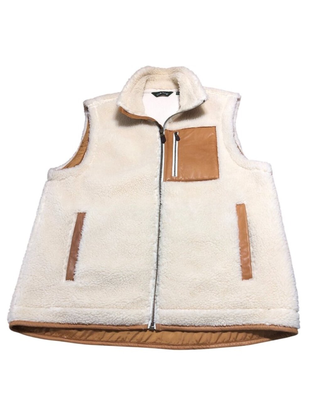 Orvis Vest Sherpa Fleece Leather Trim Mens L Pockets Beige Brown Western Cowboy